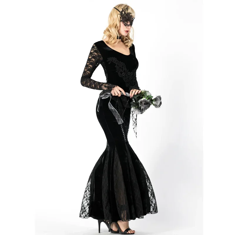 Zwart Fluwelen Halloween Kant Sexy Vampier Kostuum Vrouwen Maskerade Partij Cosplay Vampier Koningin Rollenspel Swallowtailed Jurk