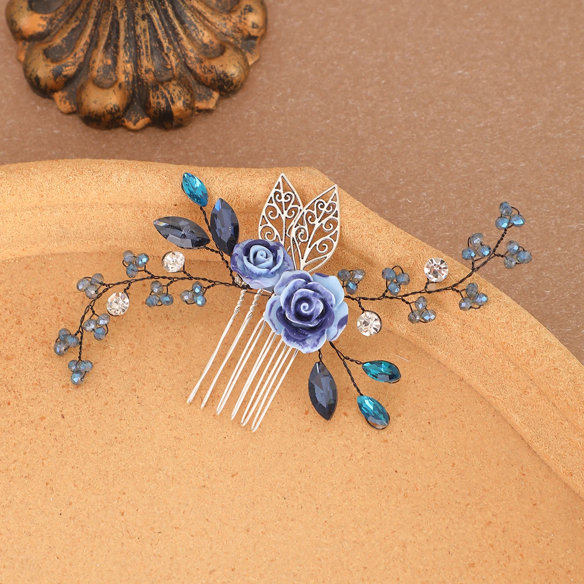 Blue Purple Ceramic Rose Hair Comb  Crystal Bead Wire Vine Leaf Hair Pins  Vintage Bridal Wedding Hair Accessories image 3