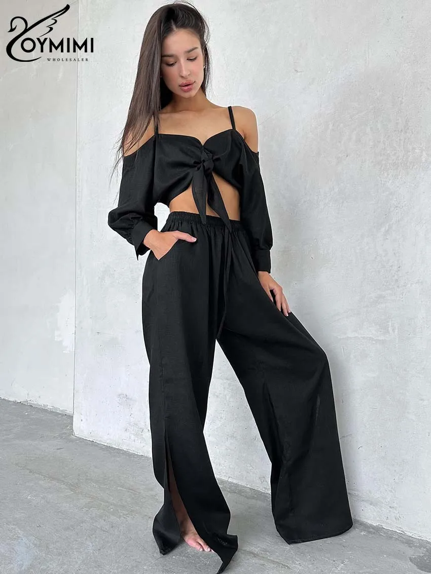 Oymimi Casual Black Cotton Two Piece Set For Women Fashion Spaghetti Strap Long Sleeve Crop Tops And Solid Side Slit Pants Sets