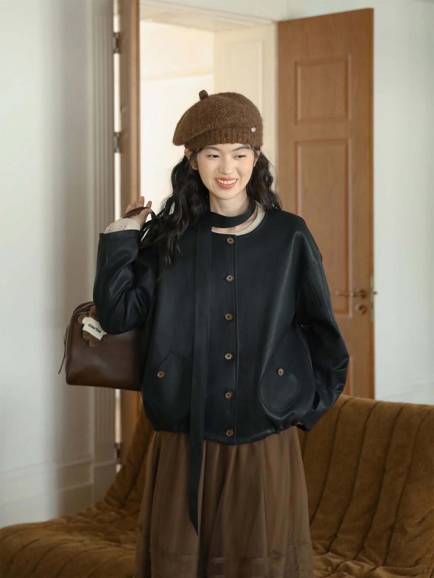 Nesoulum 캐주얼 PU 가죽 자켓 여성용 루즈 라운드 넥 디자인 봄 빈티지 블랙 가죽 코트 여성용 겉옷