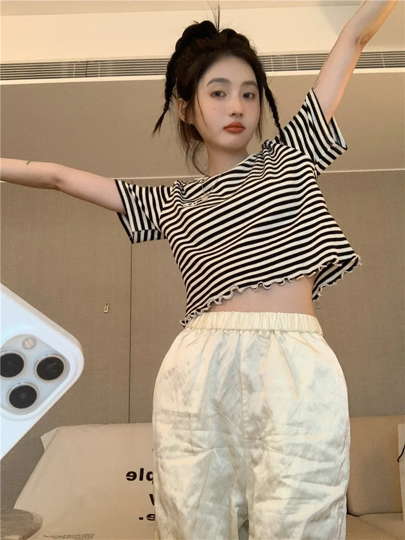 2025 neue Gestreiften Crop Top Frauen Koreanische Crew Neck Sommer Print Kurzarm Tops Dünne Beiläufige Einfache Alle-spiel frauen T Shirts – Detail 17