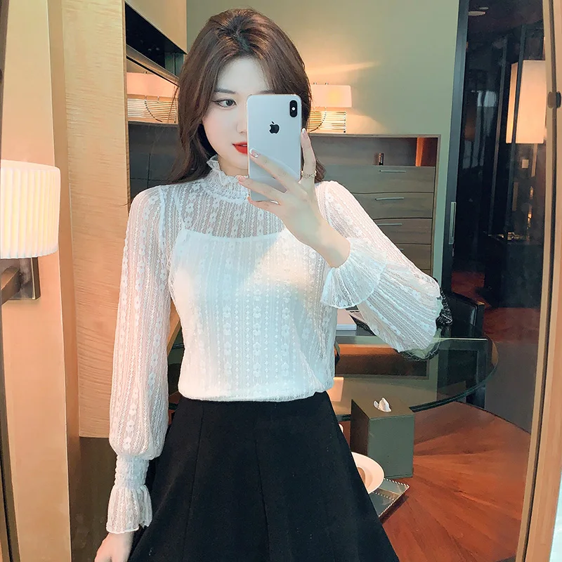 

Women's Half High Collar Sweet Fairy White Top 2024 Spring New Fashion All-match Lace Lantern Sleeve Shirt Lady Elegant Blouses