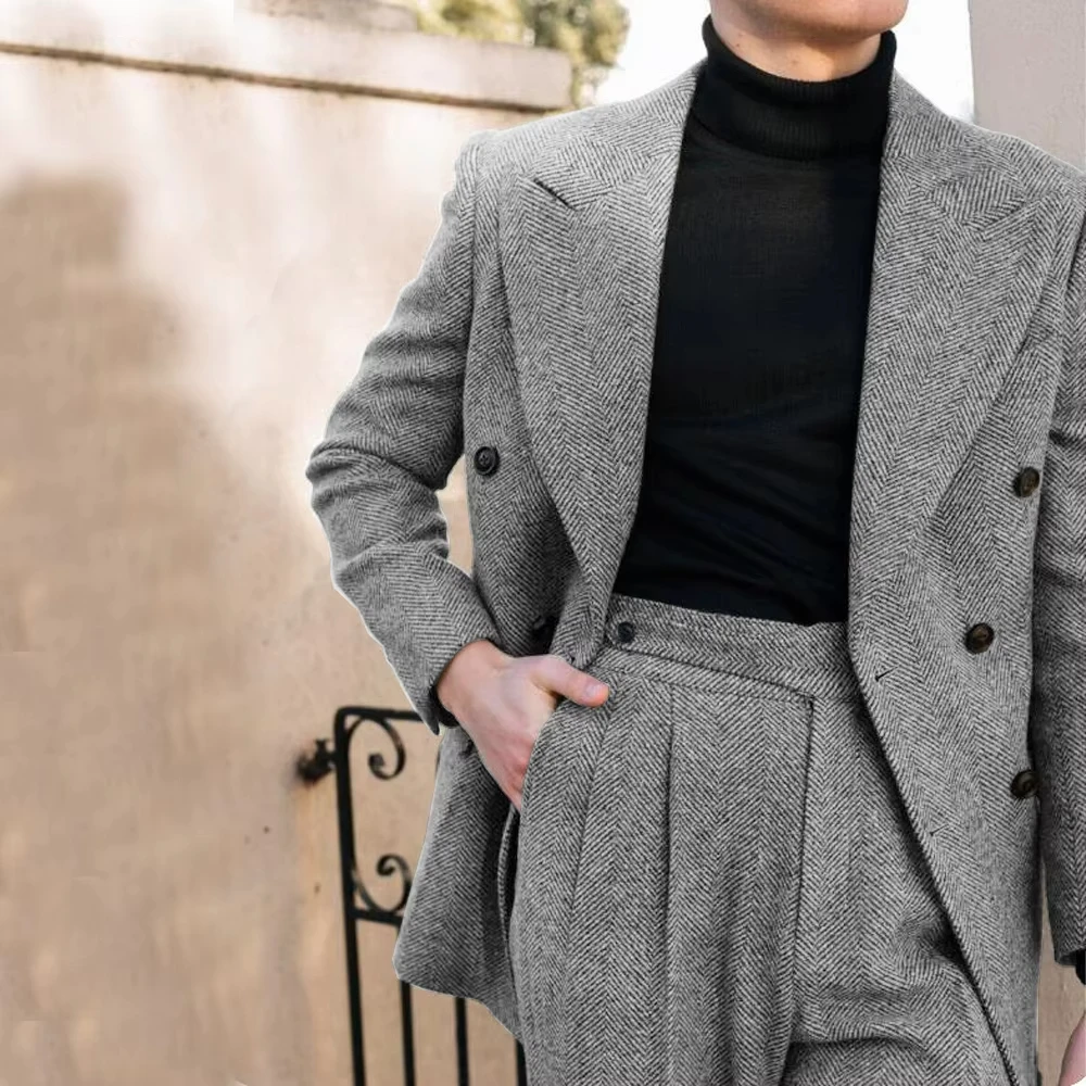 Herrenanzug mit Fischgrätenmuster, Herbst-Winter-Blazer, Hose, 2-teiliges Set, Revers, zweireihig, Smoking, Bräutigam, Party, Business, maßgeschneidert