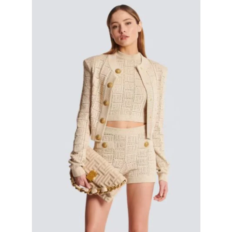 

2024 Openwork Embossed Pattern Gold Slim Standing Collar Long-Sleeved Knitted Short Cardigan Undershirt Free Ship