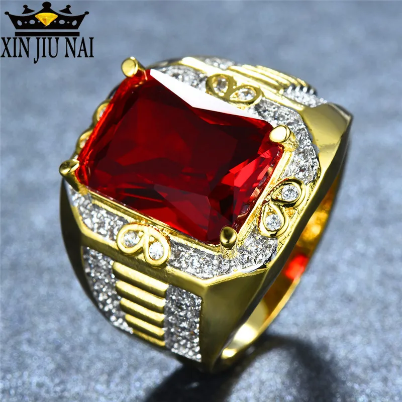 Gorgeous Male Big Red Stone s925 Ring Fashion 18KT Yellow Gold Filled Vintage Wedding Engagement Rings For Men gifts for men