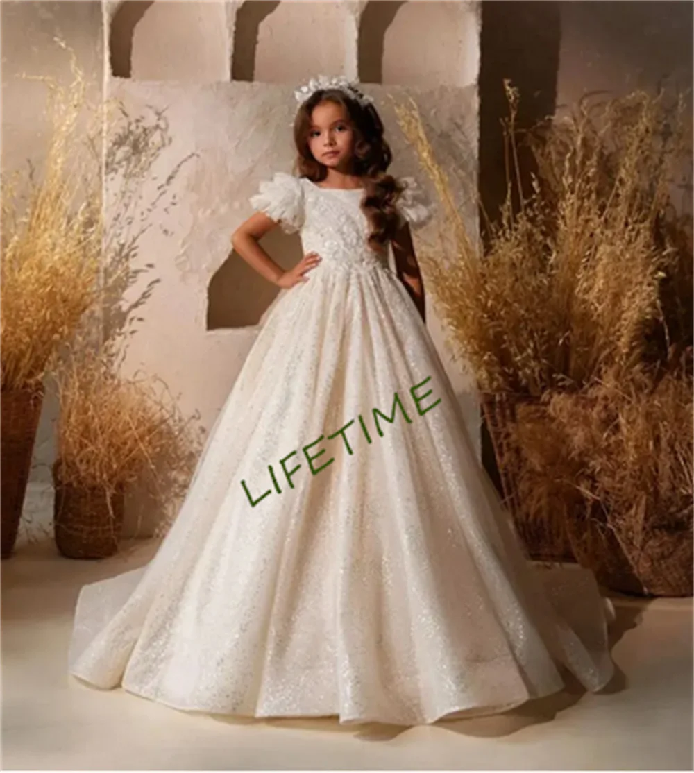 Glitzer Tüll A-Linie Prinzessin Hochzeit Blumen mädchen Kleid Perlen Perlen Erstkommunion Kleid Kind Größe 1-14t