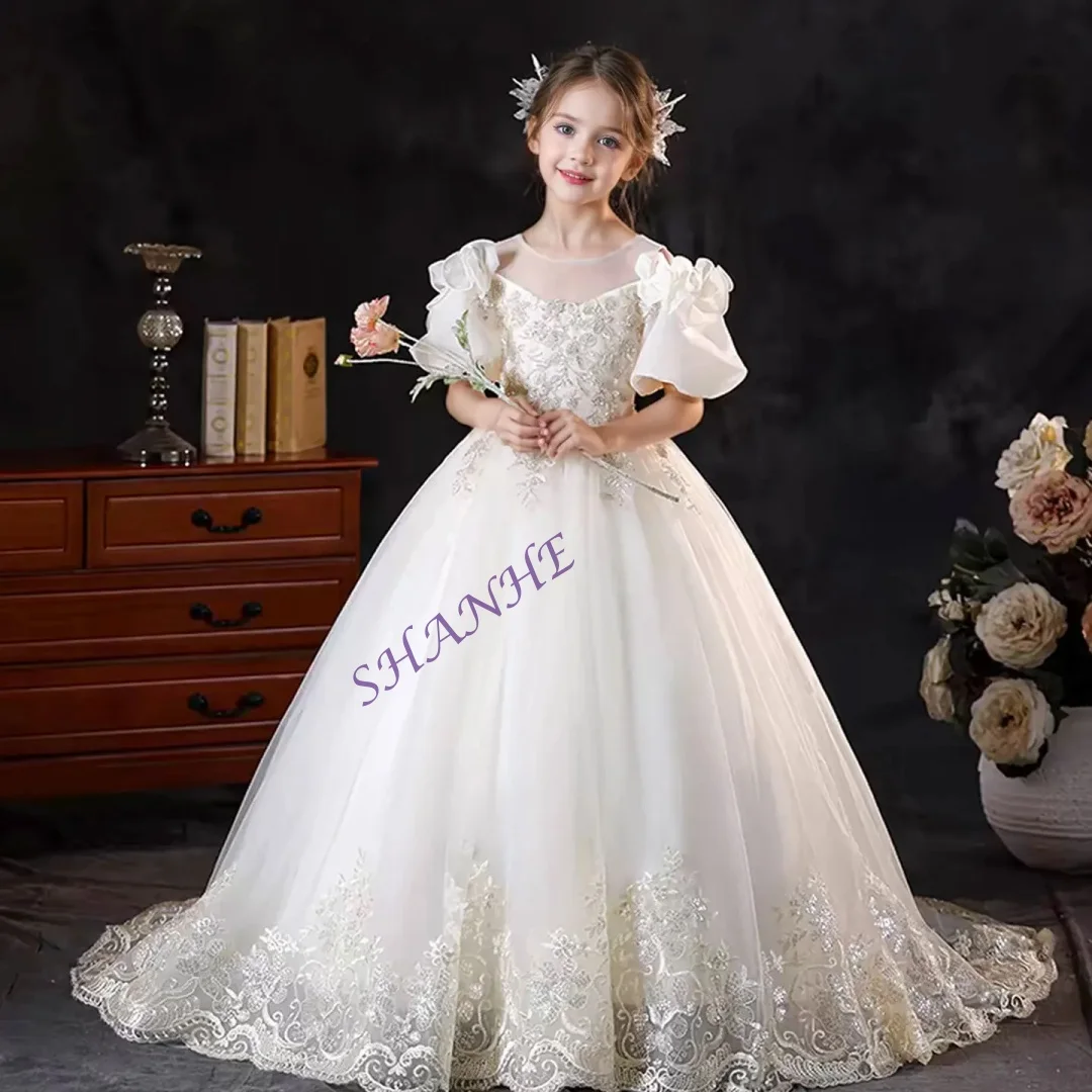 Customized Luxury White Appliques Lace Girl Dress with Bow Princess Kids Long Wedding Birthday Pageant Party Evening Gown