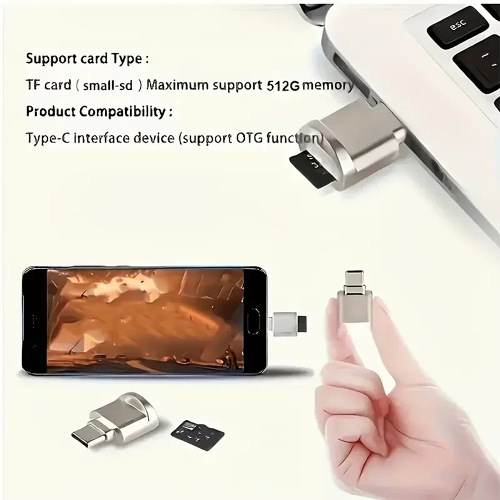 Type C TF Reader With Zinc Alloy Shell, SD Card Reader with USB C to USB Adapter, Suitable for Laptop, MacBook, Samsung Galaxy