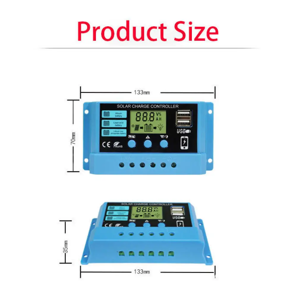 LCD Screen PV Solar Controller 12V For Lithium Lead Acid Battery Charger 10A 20A 30A Regulator Power Energy System