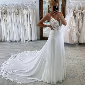 Plaj A Kesim Şifon Gelinlikler Seksi V Yaka İnce Askılı Sırtı Açık Düğme Aplikeli Boho Gelinlikler Vestido De Novia 8 best sales Dantel denizkızı gelinlik - №6