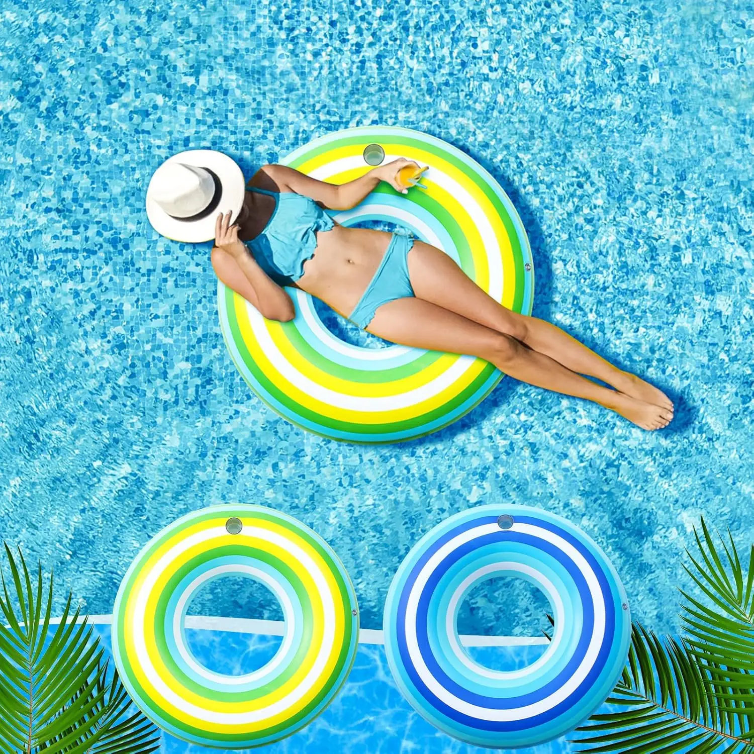 Paquete de 2 flotadores de piscina de tubo inflable gigante de 50 pulgadas con portavasos, flotador de piscina grande a rayas Vintage, Donut, anillos de natación para adultos, playa redonda