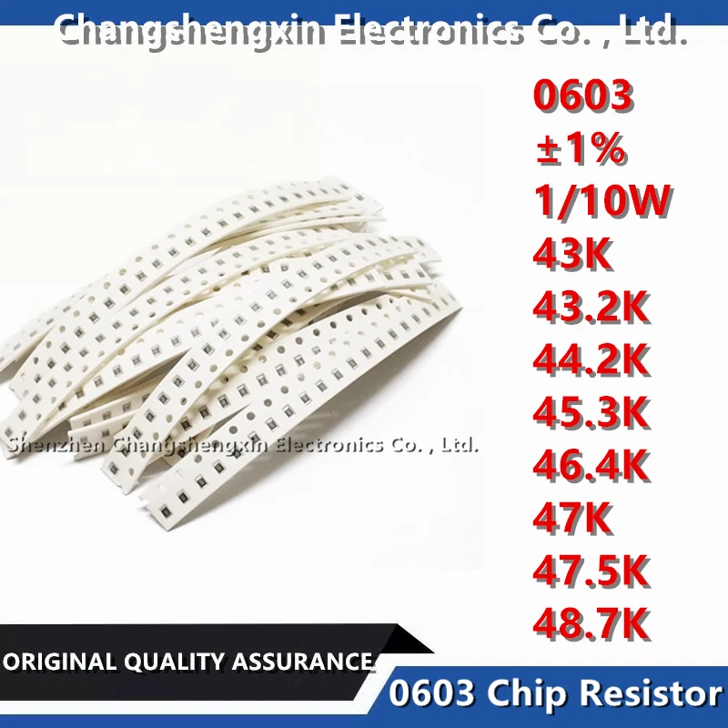 

100PCS 0603 SMT Chip Resistor Tolerance ±1% Resistance 43KΩ 43.2KΩ 44.2KΩ 45.3KΩ 46.4KΩ 47KΩ 47.5KΩ 48.7KΩ Ohm 1/10W 0.1W