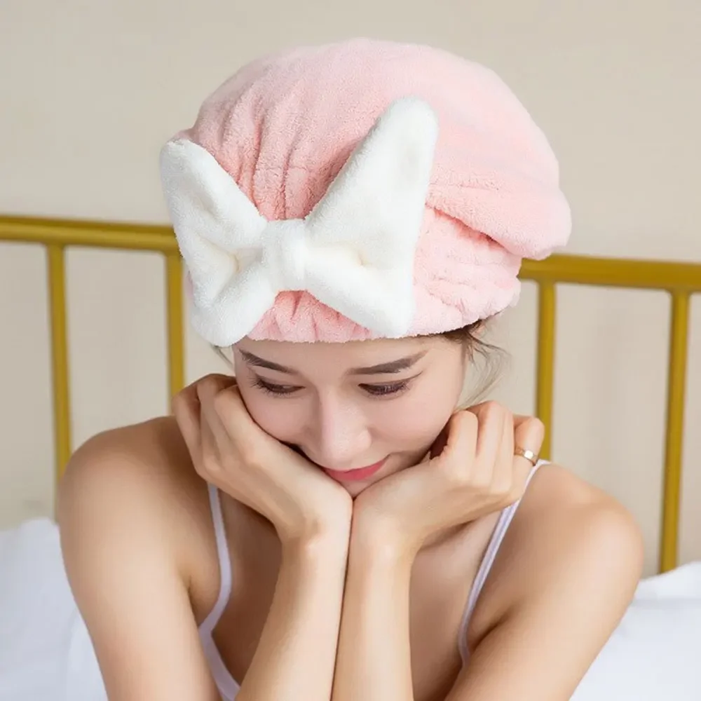 Coral Velvet Hair Drying Towels Super Absorbent Turban Hair Towel Cap Quick Dry Head Wrap with Bow-Knot Shower Cap for Wet Hair