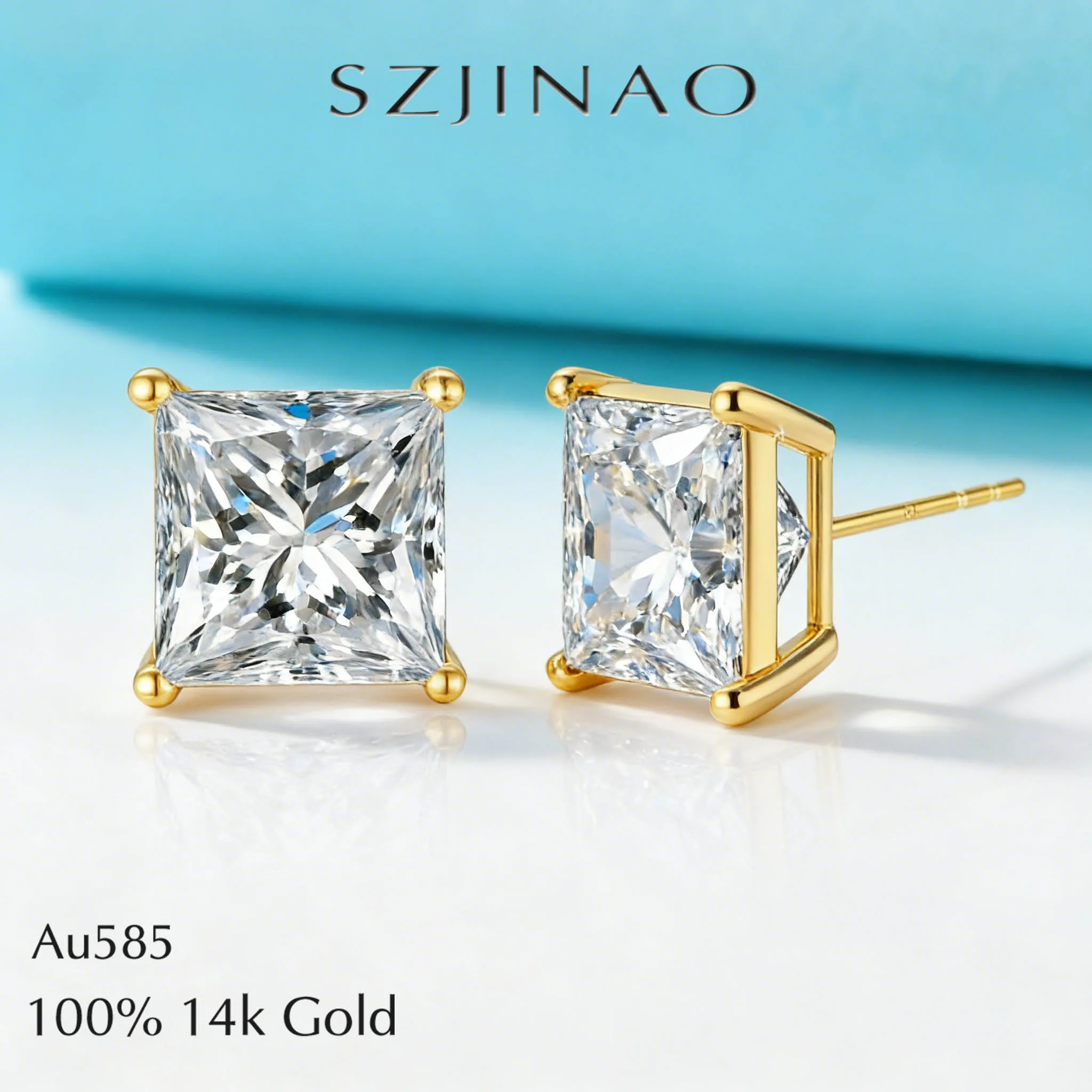 

Princess Cut 14k Gold Moissanite Stud Earrings D Color VVS1 Au585 Diamond Earring for Women Engagement Wedding Fine Jewelry