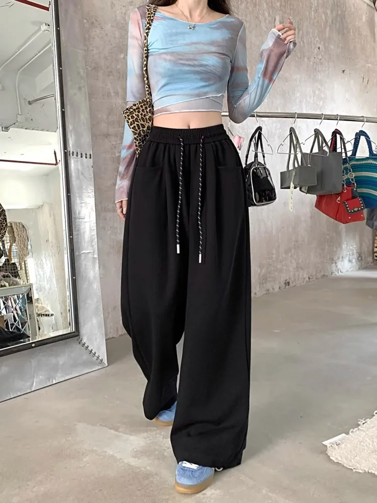 Spring Summer Women Wide Leg Joggers Elastic Waist Drawstring Loose Slim Look Floor Length Casual Pants