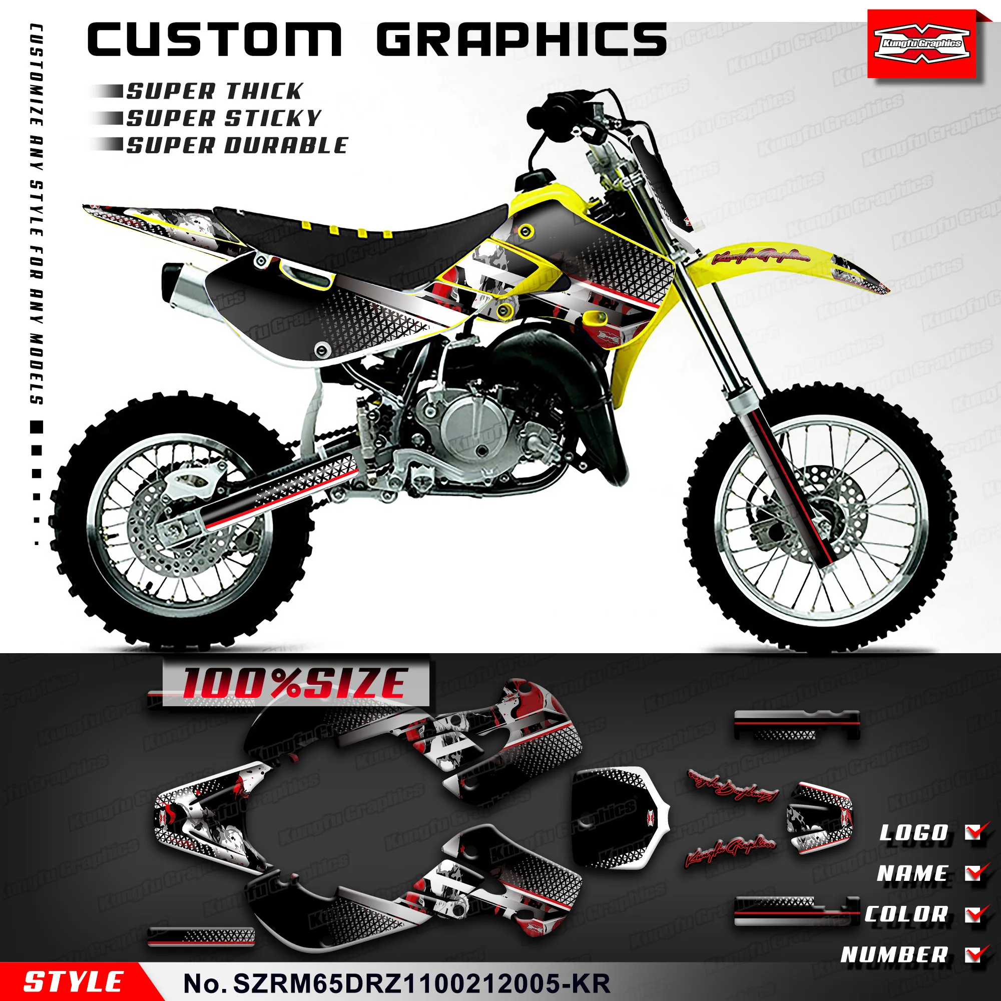 KUNGFU GRAPHICS MX Stickers Adhesive Decals for Suzuki RM65 &DRZ110 02 03 04 05 06 07 08 09 10 11 12, SZRM65DRZ1100212005-KR