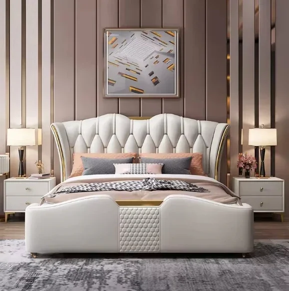 

Furniture Luxury King Size Bed With Solid Wood Frame Hot Sale For Home Bedroom Furniture Double Queen Storage Massage Features