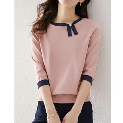 Spring New Contrast Knitting Pullovers 3/4 Sleeve O-Neck Loose Plus Size All-match Sweaters Elegant Fashion Women Clothing