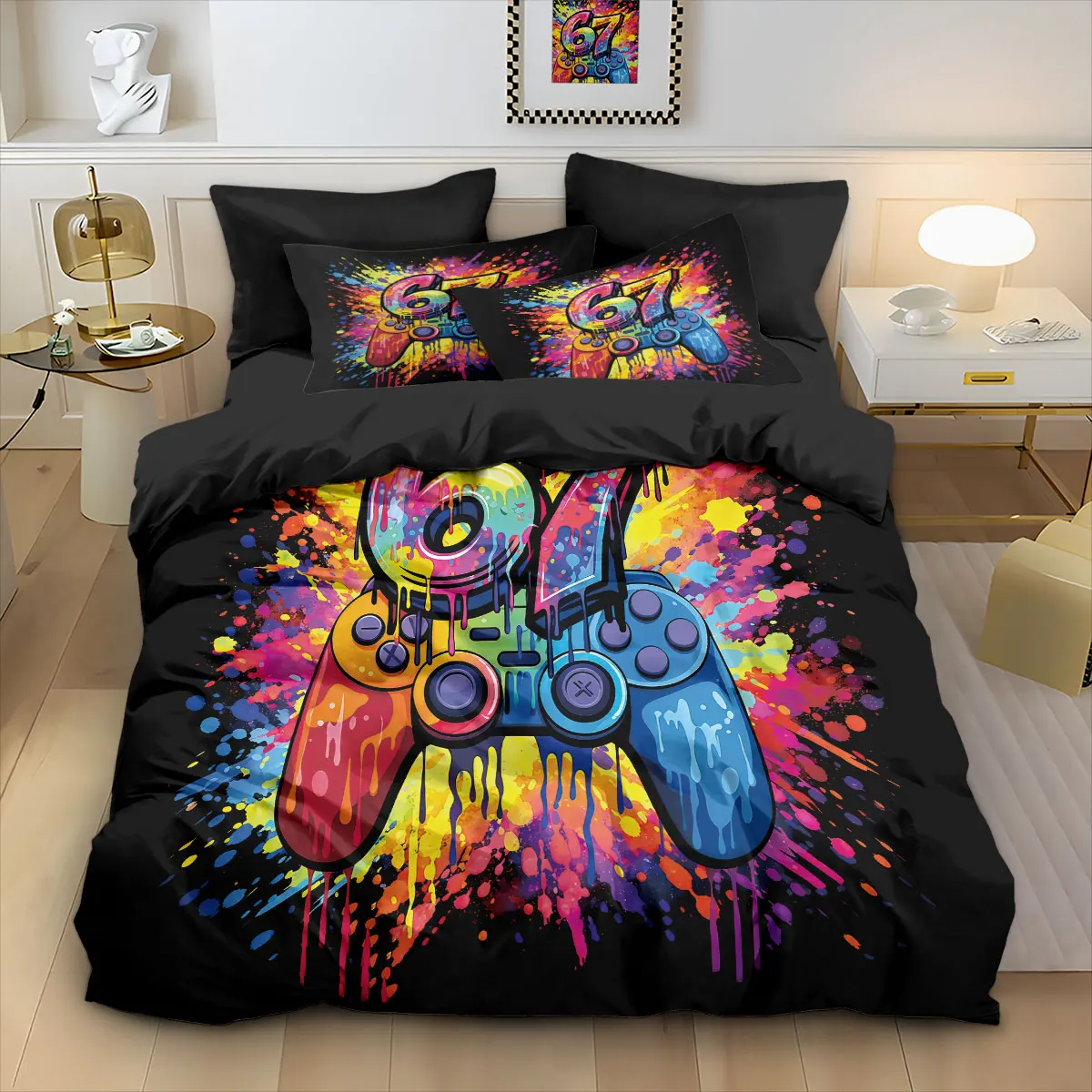 3pcs Graffiti Style Game Controller 67 Element Printed Coreless Down Duvet Cover Set, Multi Size Bedroom Bedding Decoration view 5