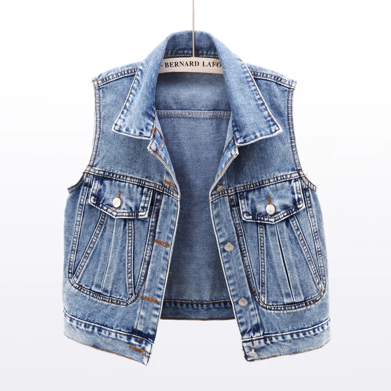 

Sleeveless Women's Vest 2024 New Spring Summer Denim Waistcoat Fashion Casual Short Jackets Splicing Holes Slim Jean Coats