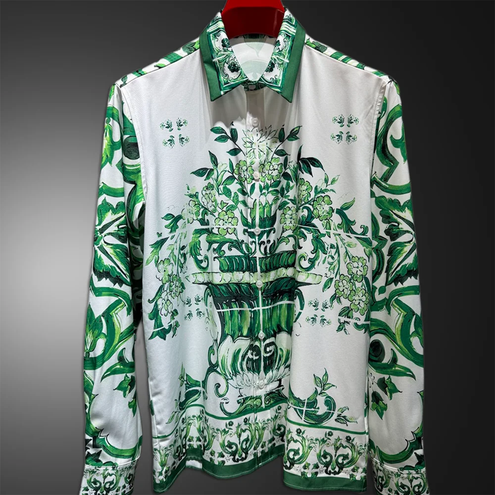 

Luxury Shirt Men Green Shirt Camiseta Hombre High Quality Flower Shirt Party Club Shirt Royal Fashion Vintage Pattern Shirt Men