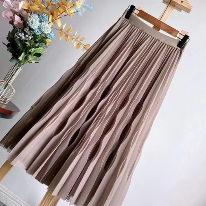 Fashion Solid Color Gauze Mesh Slim Sagging Sensation Pleated Skirt Women High Classic Pleated Elasticity Casual Lady Skirt