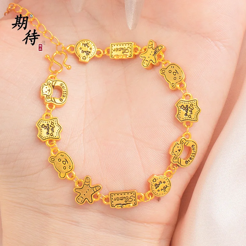 Cynlo Jewelry Luxury 24K 9999 Pure Gold real gold Women's Gingerbread Man Bear Bracelet Cute Cartoon Cat Bracelet
