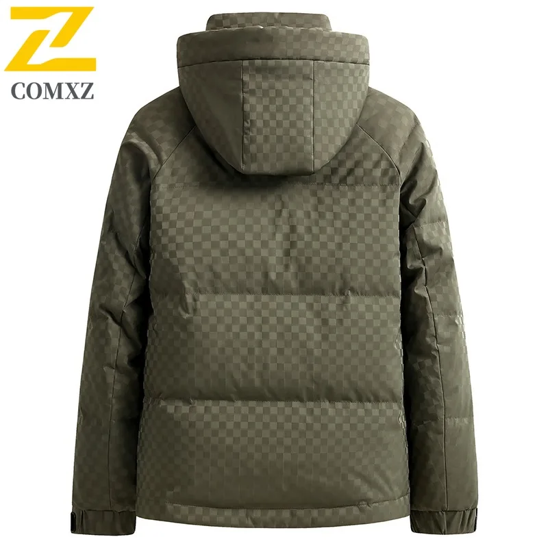 COMXZ Men Puffer Coat Leisure Hooded Outdoor Snow Skiing Windproof Warm Parka Lattice Design Travel Cold Protection Winter Coat
