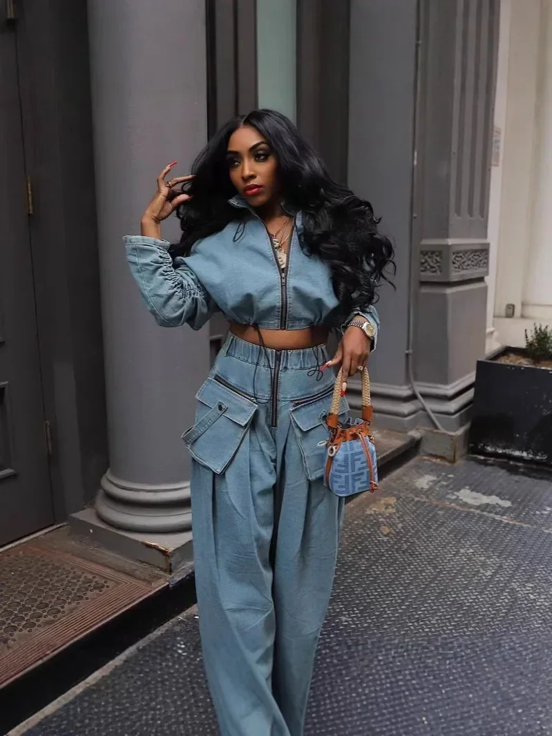 

Denim 2 Piece Sets Women Vintage Wide Leg Pants Coat Outfits Zipper Pockets High Waist Floor Length Ensemble Streetwear Suit
