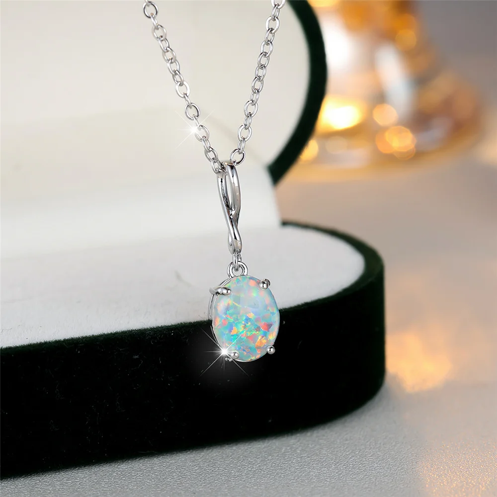 Female Crystal White Opal Stone Pendant Necklace Vintage Big Oval Silver Color Wedding Jewelry For Women