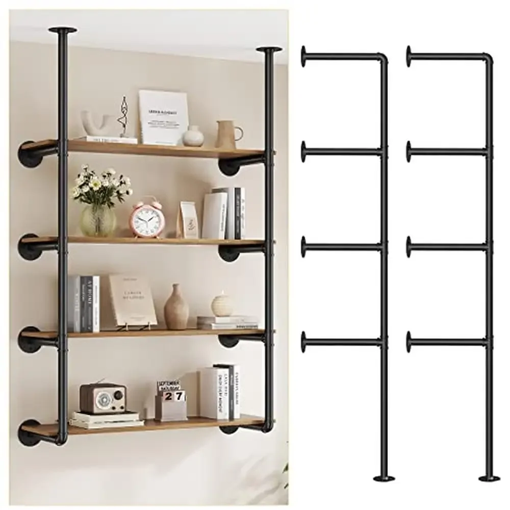 

Rustic Industrial Pipe Shelf Kit 4-Tier Wall Mount Bookshelf Unit Wood Storage Display Rack 55"H x 80"W x 12"D Office Decor