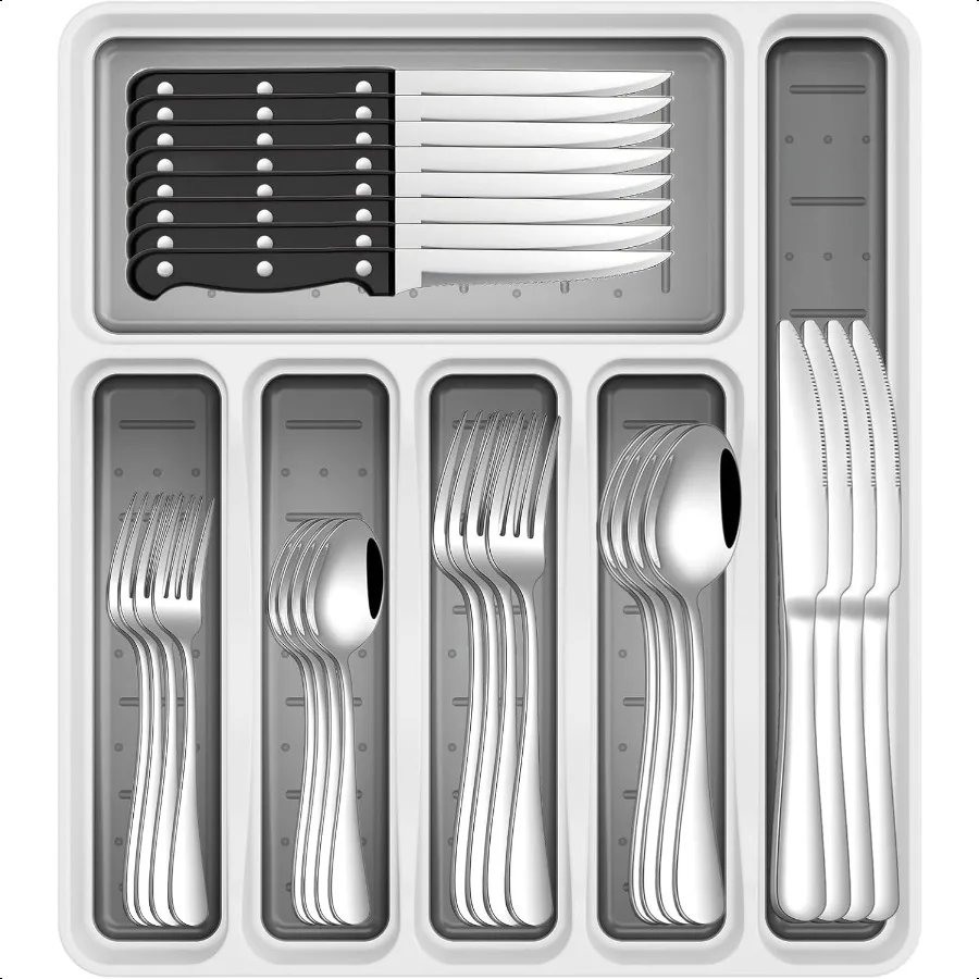 

49Piece Stainl Steel Sierware Set with Cutlery Organizer Service for 8 with Steak Knives and Kitchen Utensils