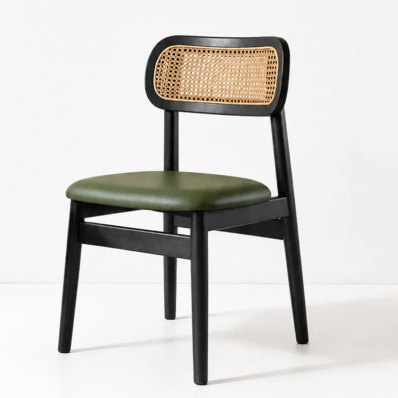Rattan backrest chair dining chair fresh vintage style deep carbon black solid wood frame soft-cushion dining chair