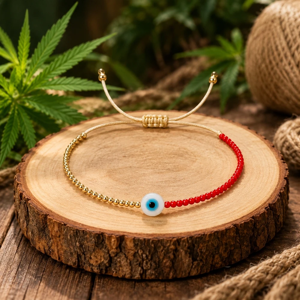 1pc Adjustable Red and Gold Color Glass Bead Bracelet with Blue Eye Center Copper Beads Trendy Unisex Strand Jewelry