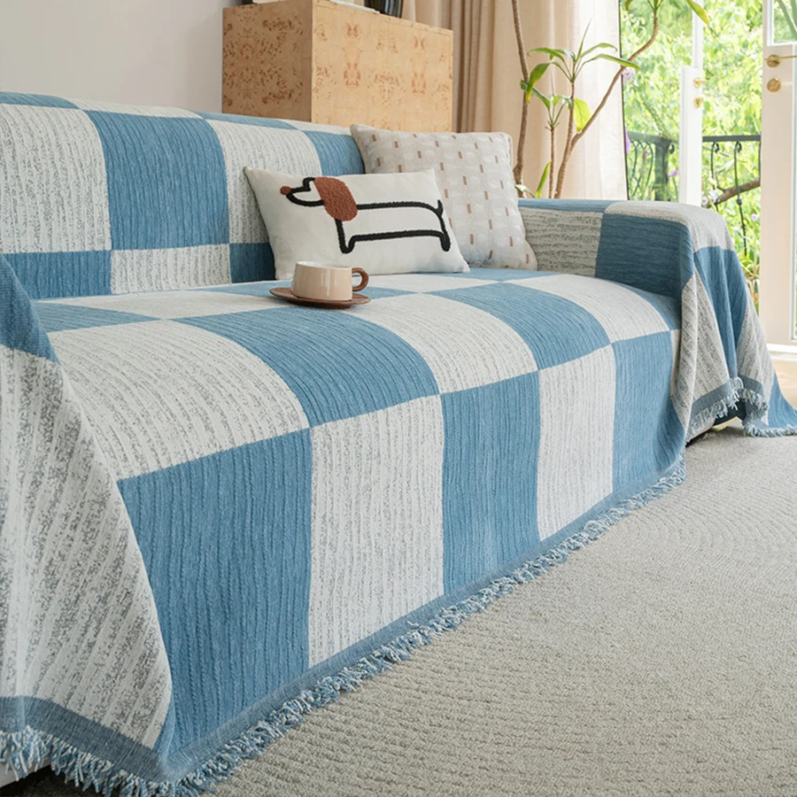 1pc Chessboard Pattern Sofa Throw Cover All-cover Sofa Throw Blanket with Tassels Couch Cover Blanket Four Seasons Universal