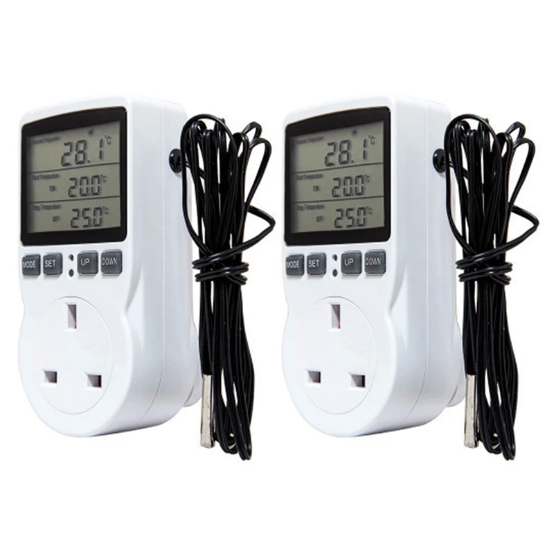 

2X Digital Temperature Controller Thermostat Outlet Socket Plug Heating Cooling Timer For Homebrew Greenhouse UK Plug