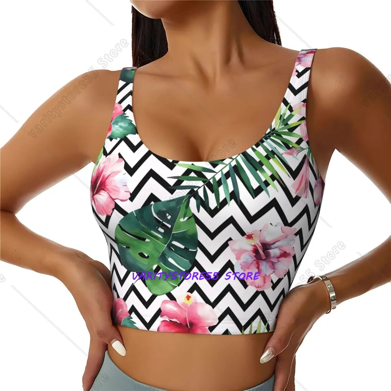 Summer Tropical Leaves and Flowers Women's Workout Tank Top Sports Bra Vest Underwear for Yoga Fitness Gym