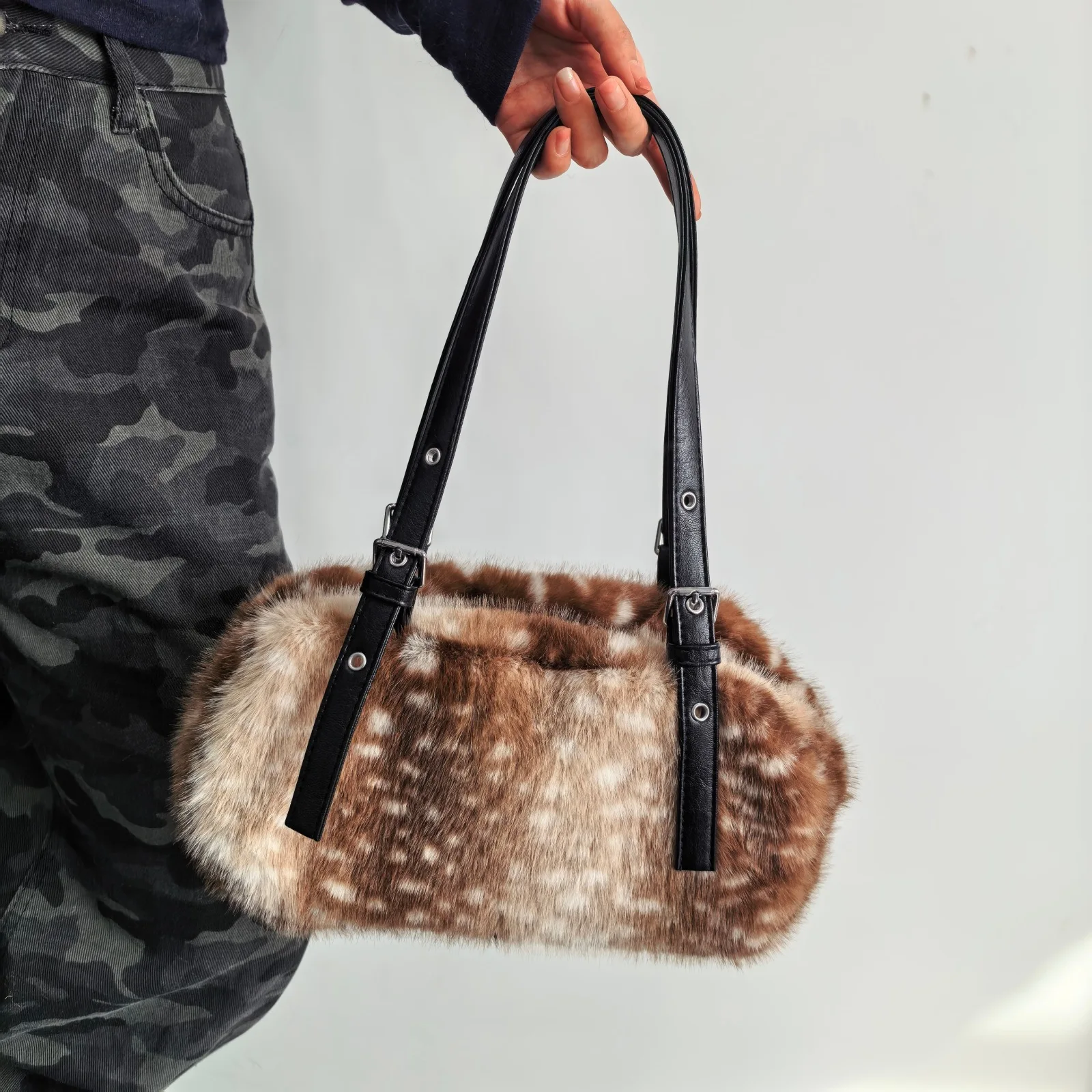 Fluffy Deer Pattern Shoulder Bag Cow Printed Women's Bag NEW Winter Soft Plush Handbag Leopard Armpit Bags for Women Purses Tote