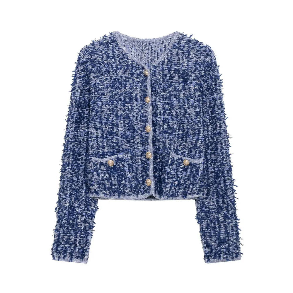 

Women's Interwoven Knitted Coat Spring Round Neck Buckle Pocket Decoration Spring New Casual Women's Top Coat