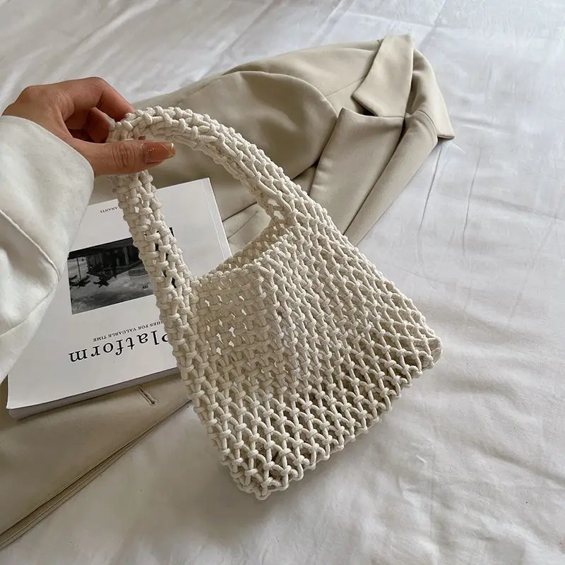 Travel Cotton Rope Hollowed Out Fishing Net Hand Woven One Shoulder Hand-Held Beach Bag for Women In Summer