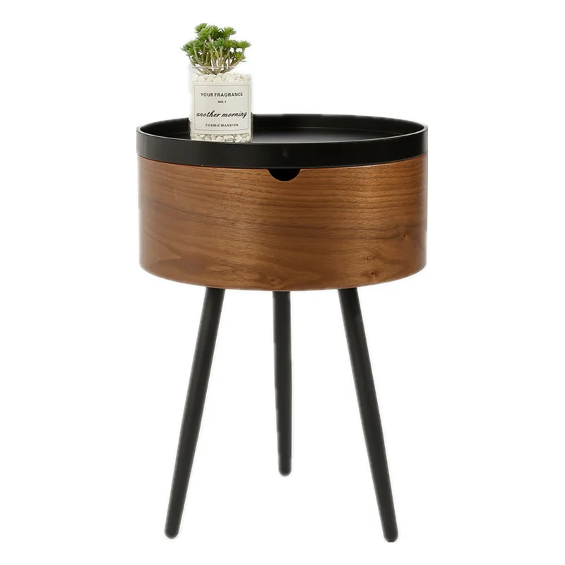 

Bedside table Light luxury high-end locker Simple modern walnut color Round edge few wrought iron table Solid wood