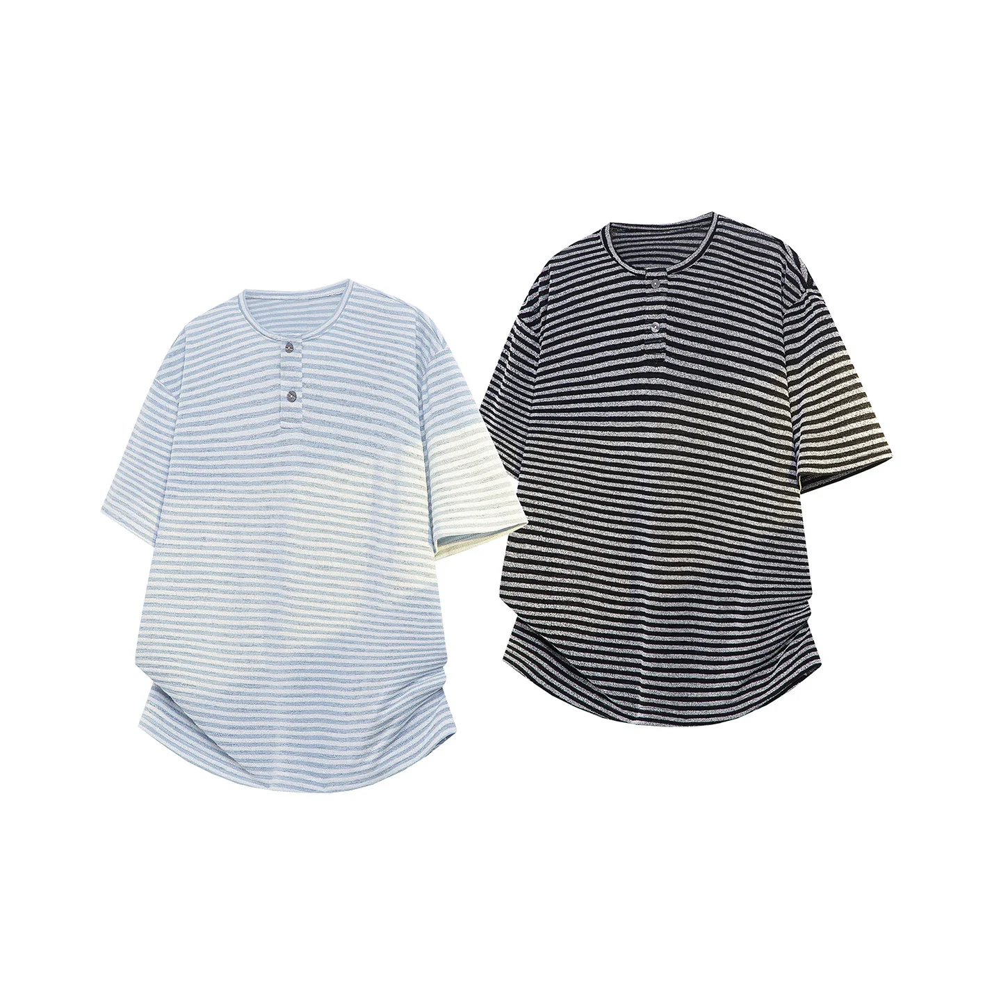 Men's Retro Horizontal Striped Henley Neck Half Buttoned Crew Neck Loose Fit Soft and Breathable Knit Short-Sleeve Casual Shirt