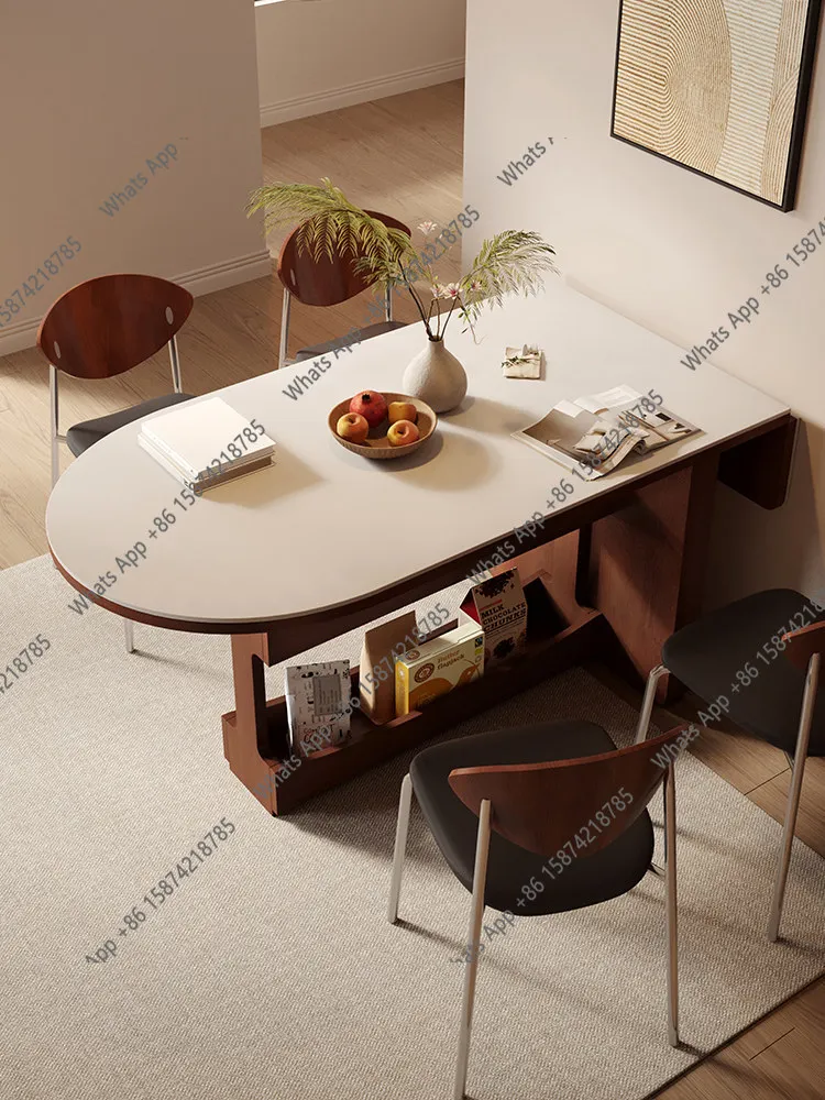 

Retro small apartment folding rock slab dining table Nordic semi-oval solid wood retractable home living room antique style