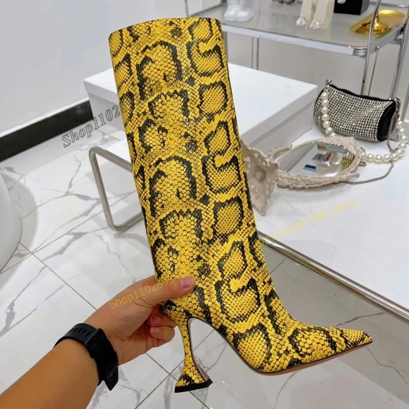 

Yellow Color Snakeprint Mid Calf Boots Pointed Toe Spool Heel Side Zipper Women Shoes 2023 Fashion Sexy Zapatos Para Mujere