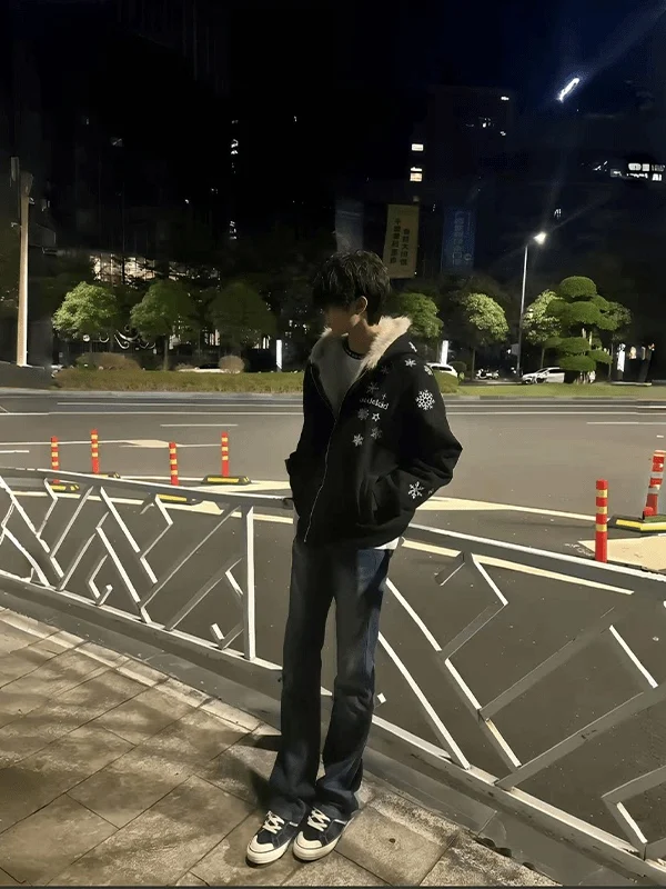 

Winter Thiened Embroidered Collar Hooded Cotton Jaet Men's Bla Warm Parka Zipper Coat Youth Faion Casual Long Sve