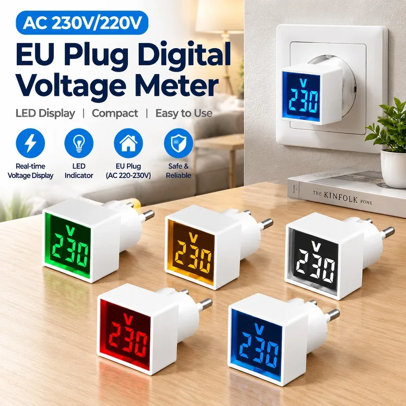 Household Digital AC Voltmeter Indicator Square European Plug Type AC220V 230V LED Display Voltage Range 50-500V