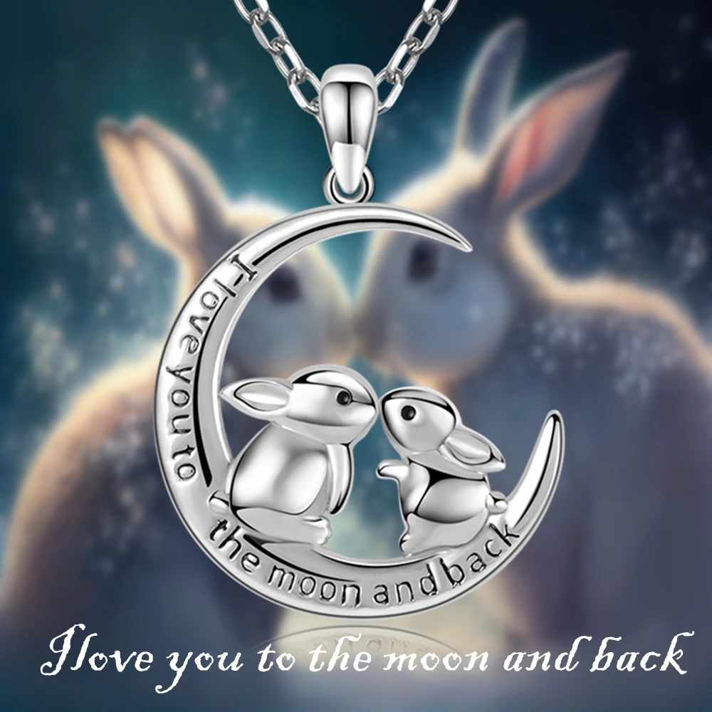 Fashion Cartoon Crescent Moon Double Rabbit Pendant Necklace for Women Exquisite Girl Cute Animal Jewelry Unique Birthday Gifts