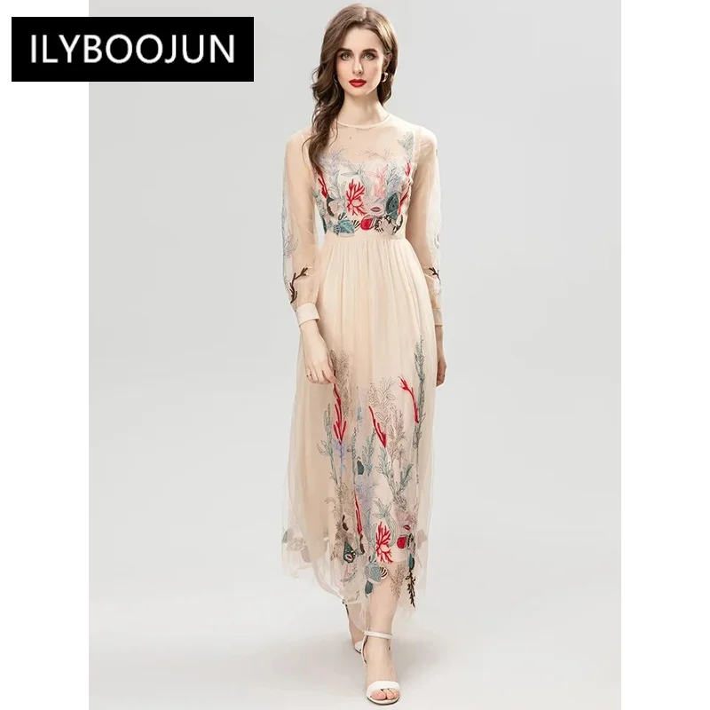 Autumn Mesh Long Dress Women O-Neck Lantern Sleeve Flower Embroidery High Waiste Party Dresses For Women 2023 Luxury Brand High