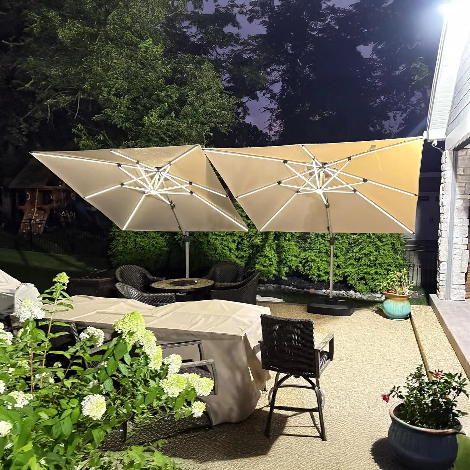 Outdoor Market Umbrell 9' X 12' Double Top Deluxe Solar Powered LED Rectangle Patio Umbrella Offset Hanging Umbrella