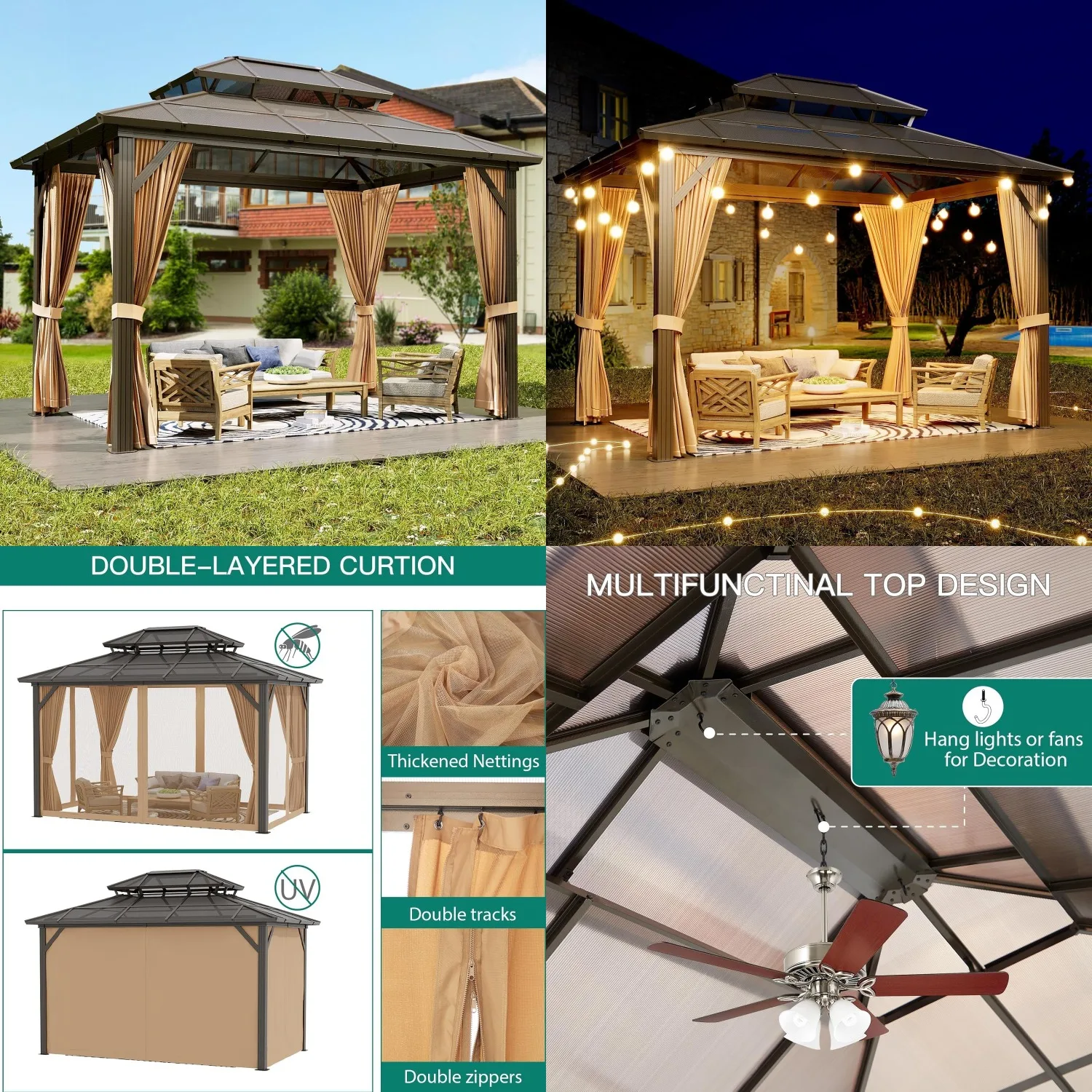 

10'x12' Hardtop Gazebo, Outdoor Polycarbonate Double Roof Canopy, Aluminum Frame Permanent Pavilion with Curtains, Customized